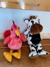 Lot of Ty Pinkish Red ROOSTER Strut &amp; Black &amp; White COW Tipsy Farmyard Stuffed - £7.46 GBP
