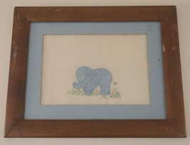 Vintage Blue Elephant Flowers Framed Felt Nursery Art  - 12.5&quot; x 10&quot; - $19.07