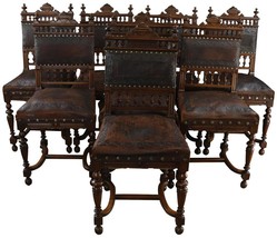 Antique Dining Chairs Henry II Set 8 Renaissance Embossed Leather Walnut - £2,805.62 GBP