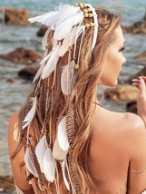 Boho Feather Headband Indian Hippie Headbands White Gypsy Headpiece Bohemian Cos - £22.71 GBP