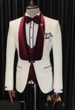 Made to order Ivory Three Pieces Wedding Suit with Velvet Lapel - £209.11 GBP