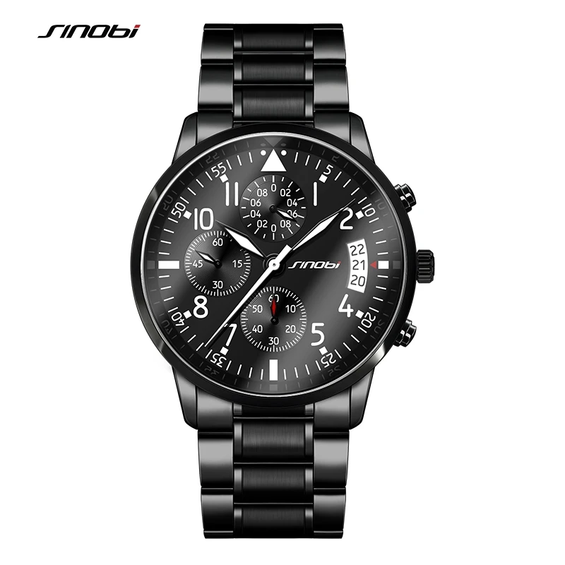 SINOBI Sports Men&#39;s Chronograph Pilots Watchhes Black Steel Watchband - £34.23 GBP