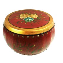 Wooden Storage Bin Basket Drum Shape Asian Painted Floral Lid - £35.61 GBP