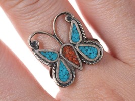 sz6.75 Vintage Native American Silver/turquoise/coral chip inlay ring - £38.45 GBP