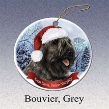 Holiday Pet Gifts Bouvier Grey Santa Hat Dog Porcelain Christmas Tree Ornament - £25.65 GBP