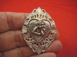 (br-284) heart + thinking Cherub angel filigree silver tone scrolled brooch pin - £13.90 GBP