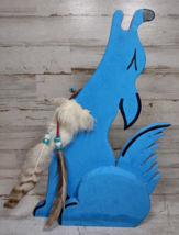 Vintage Wooden Carved Blue Howling Coyote Southwestern w/ Feathers Fur 12&quot; - £27.16 GBP