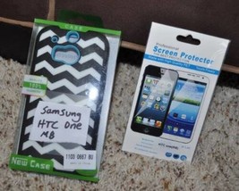 Phone Case Samsung HTC One M8 Black White Zigzag Hard Plastic &amp; Screen Protector - £6.35 GBP