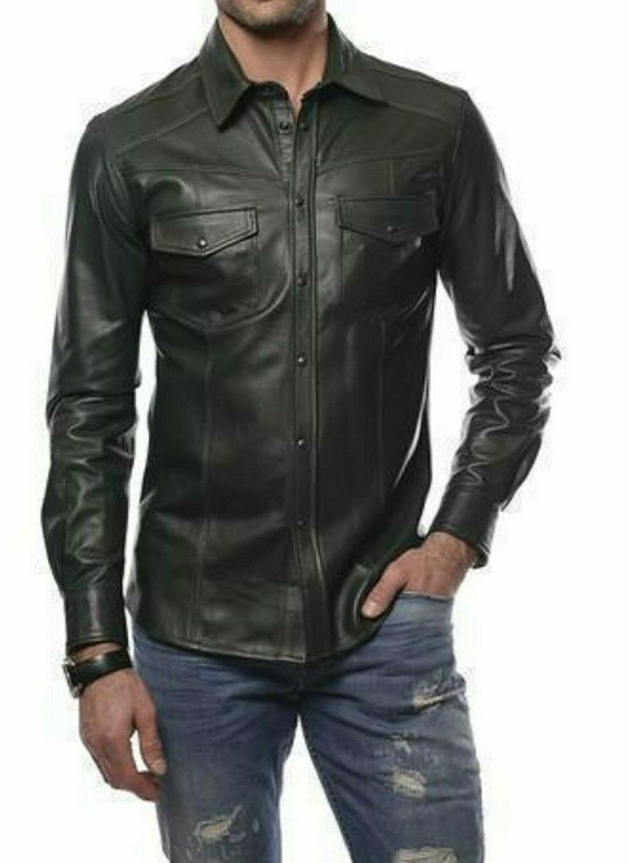 Primary image for Casual Black Shirt Formal Party Stylish Lambskin 100%Leather Real Handmade Men