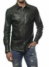 Casual Black Shirt Formal Party Stylish Lambskin 100%Leather Real Handma... - £83.35 GBP