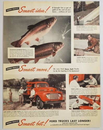 1949 Print Ad Ford Model F-5 Red Truck Stocking Colorado Rainbow Trout - $13.48