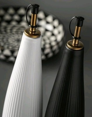THYME & TABLE ~ Three (3) Piece Stoneware Oil & Vinegar Cruet Set Ribbed Design Item image 6