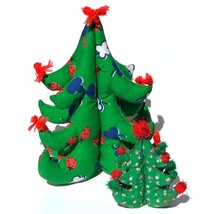 pair of Vintage 3D Stuffed Fabric Christmas Trees Green Red handmade  ladybugs  - £19.97 GBP