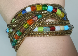 Mosaic Bead Cuff Bracelet Multi Strand Crisscross Beaded Bangle Bracelet Stiff - £11.60 GBP