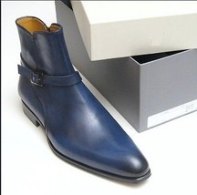 Blue Jodhpur Single Rounded Buckle Strap Genuine Leather High Ankle Men Boots - £120.56 GBP
