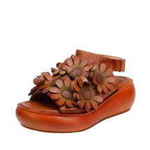 New Retro Shoes Women Sandals Genuine Leather Hook &amp; Loop Floral Back Strap Wedg - £94.62 GBP