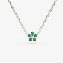 0.18Ct Round Cut Emerald &amp; Diamond 14K White Gold Plated Flower Pendant Necklace - £51.19 GBP