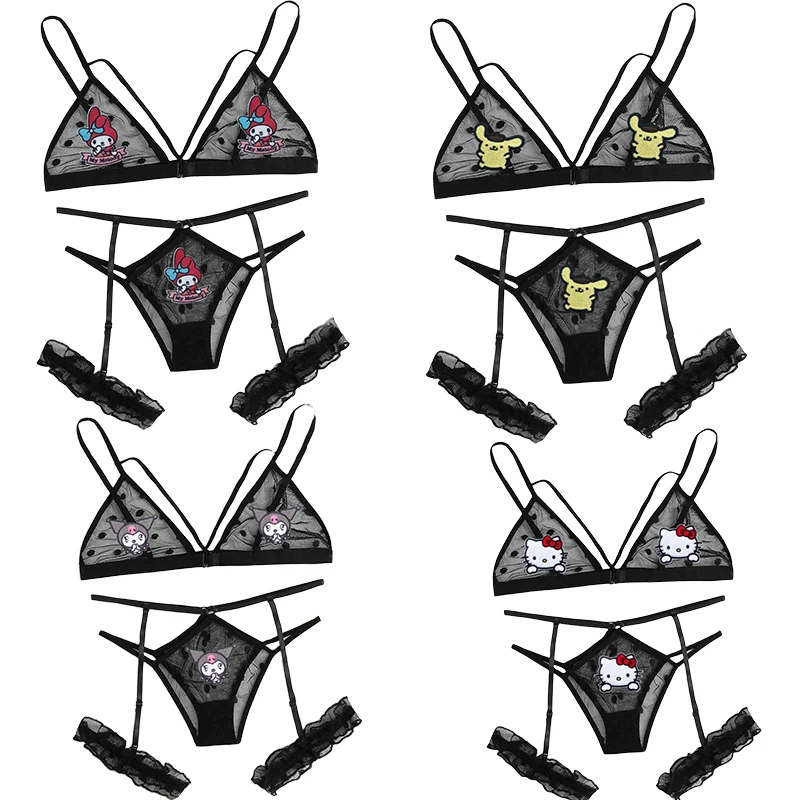 Sexy Hello Kitty Lingerie Dotted Lace Anime 2Pcs Set Bikini Strappy Bra Cartoon - £14.03 GBP