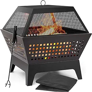Fire Pit With Waterproof Cover Outdoor Wood Burning 24.4In Black - $194.99