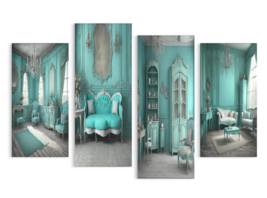 NEW! Ready To Hang 4 Panel Teal Shabby Chic Parisian Home Wrapped Canvas WOW!  - £71.16 GBP