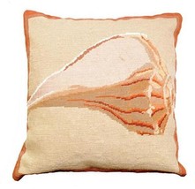 Throw Pillow Needlepoint Whelk Shell 18x18 Flesh Beige Wool Cotton Velvet Back - £230.48 GBP