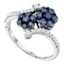 10k White Gold Womens Blue Color Enhanced Diamond Double Flower Cluster Ring - £399.60 GBP