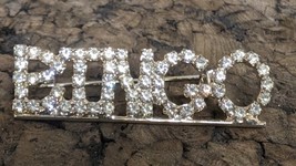 Vintage Rhinestone Brooch Pin Bingo Text Clear Round Faceted Silver Tone Metal - £12.03 GBP