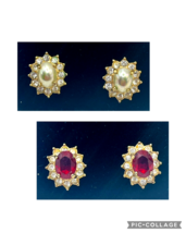 Lot Vintage Roman Earrings 2 Pair -Faux Pearl &amp; Faux Ruby Cluster Post - $184.10 MXN