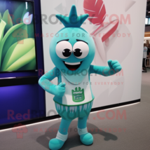 Teal Turnip mascot costume character dressed with a One-Piece Swimsuit and Brace - £998.25 GBP