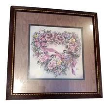 Vtg Home Interior Pictures Bird with Floral Ribbon Decor Pink Green 13.5&quot;x 13.5&quot; - £7.92 GBP