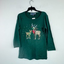 Karen Scott Womens Petite PP Spruce Night Green Reindeer Embellished Top NWTBH87 - $19.59