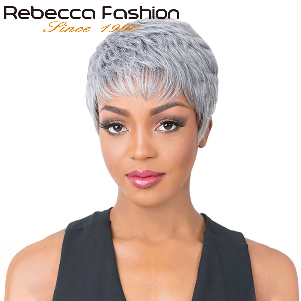 Grey short weave wigs for women remy human hair short pixie cut wigs with bangs full thumb200