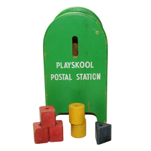 Vintage Playskool Postal Station Green Wooden Toy Mailbox with 6 Blocks - £21.35 GBP