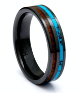 Men&#39;s and Women&#39;s Wedding Bands Black Ceramic Koa Wood and Turquoise 6 mm - $39.00