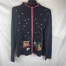 Coldwater Creek XL Black Zip Cardigan White Embroidery Holiday Snow Grandma - £11.00 GBP