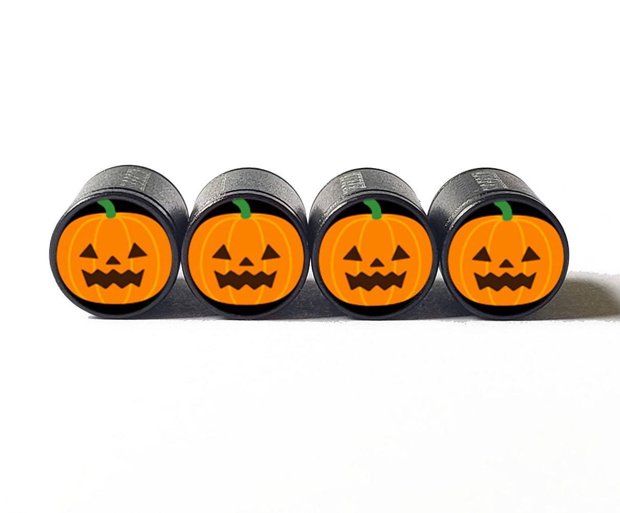 Jack-O-Latern Pumpkin Halloween Emoji Tire Valve Stem Caps - Black Aluminum - Se