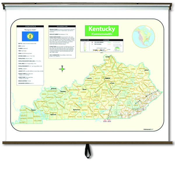 Kentucky Large Scale Shaded Relief Wall Map On Roller With Backboard Maps And Atlases 6804