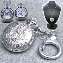 Silver Pocket Watch Pendant Watch Vintage 2 Ways with Key ring and Necklace L13 - £15.05 GBP