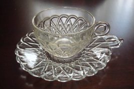 Depression clear glass Compatible with Vintage 4 cups and handled saucers, rare! - £82.11 GBP