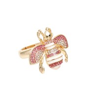 Pink Rhinestone White Epoxy Striping Bee Gold Plated Stretch Women Fashion Ring - £26.32 GBP