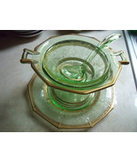 Depression Glass Mayonnaise/Caviar Bowl, Serving Plate &amp; Spoon with Gold  - $3,359.93 MXN
