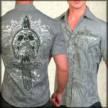 Rebel Spirit Skull Sword Metal Stud Fleur Mens Short Sleeve Button Up Shirt Grey - £64.49 GBP