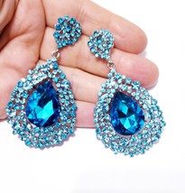 Bridesmaid Drop Earrings, Blue Aqua Chandelier Earrings, Rhinestone Austrian Cry - £32.77 GBP
