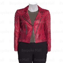 New Women Red  Brando Style Studded Zipper Cowhide Motorbike Leather Jac... - £219.96 GBP