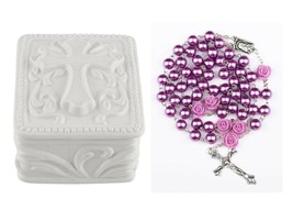 Porcelain Cross Rosary Box with Purple Rose Bead Rosary Baptism First Communion - £15.97 GBP