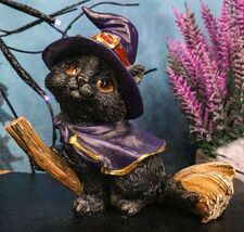 Halloween Black Cat with Witch Hat and Cape Riding Magical Broomstick Fi... - $14.99