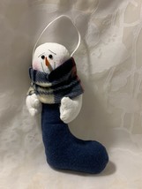 Primitive Snowman in Blue Stocking Stuffed Plush Christmas Decoration - £11.40 GBP