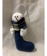 Primitive Snowman in Blue Stocking Stuffed Plush Christmas Decoration - £11.47 GBP