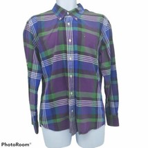 Tommy Hilfiger Mens Shirt Button Down Large Slim Fit Plaid Purple Roll Tab - £11.86 GBP