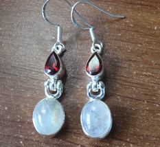 Faceted Garnet Teardrop and Moonstone 925 Sterling Silver Dangle Earrings - £16.31 GBP